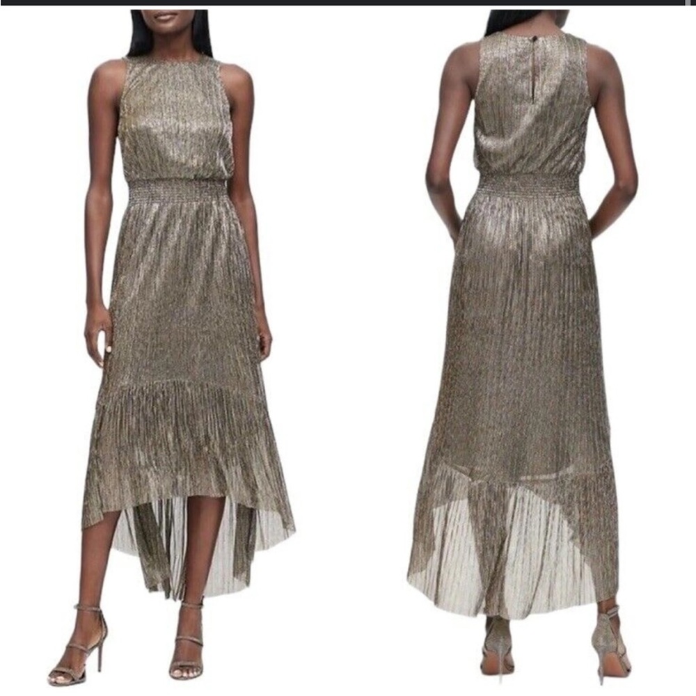 Banana Republic Metallic Gold Midi Dress High Low Blouson Sleeveless size 4